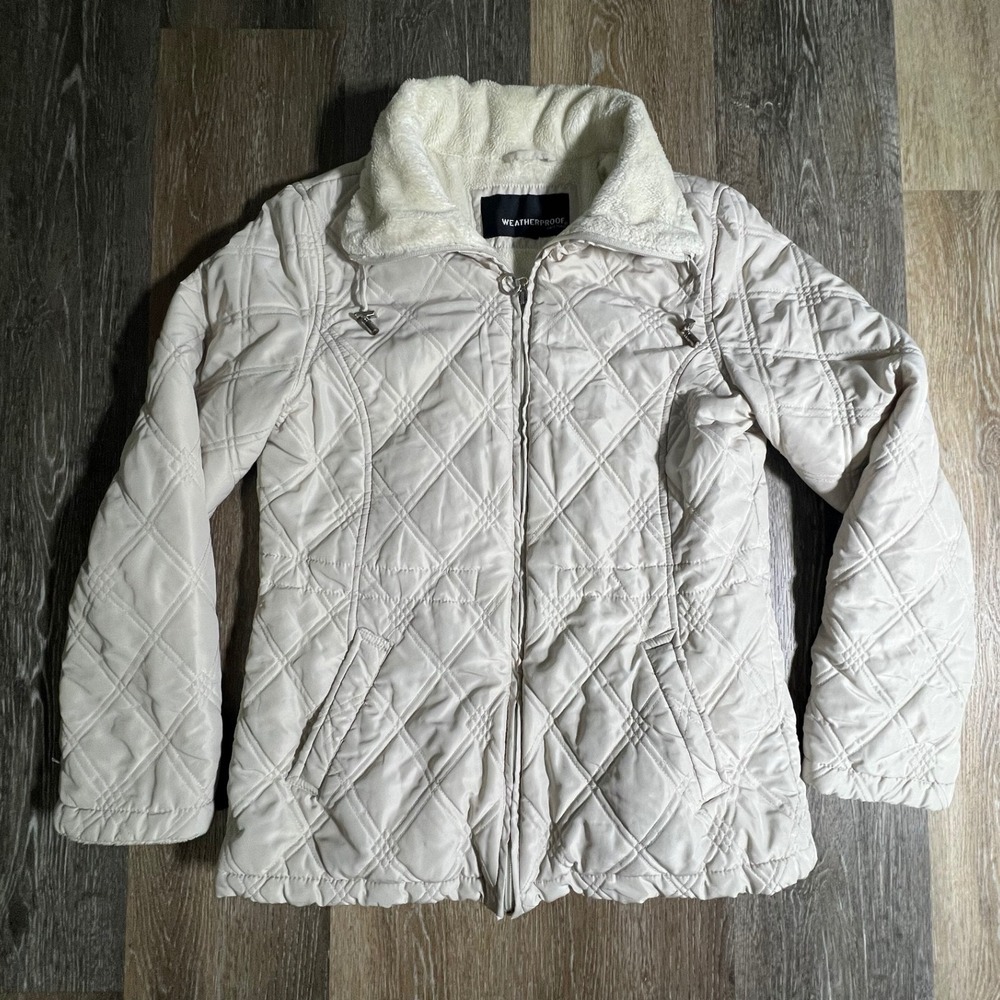 Weatherproof Quilted Jacket Women Small Cream Faux Fur Collar Full Zip 3881